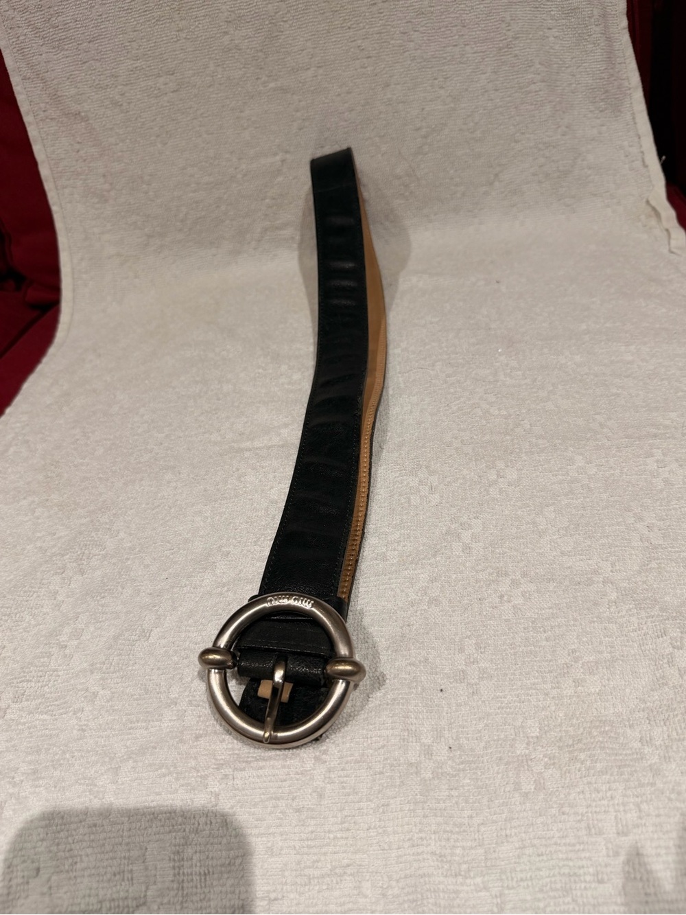 Miu Miu Black Leather Belt with Tan Edge and Round Silver Buckle 85/34